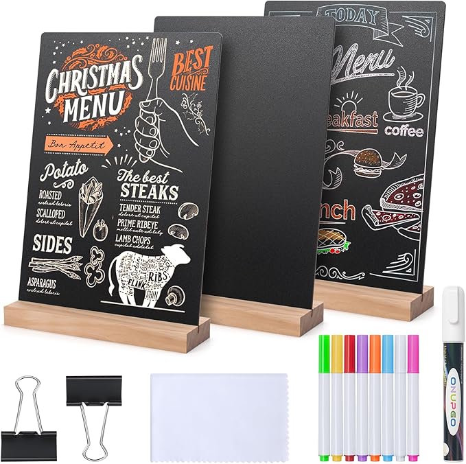 ONUPGO 3 Pack Tabletop Chalkboard with Wood Holder, 8 x12 Inch Menu Chalk Board Sign Store Food Signs, Message Boards for Party, Wedding, Tables Decoration, Bar and Restaurant