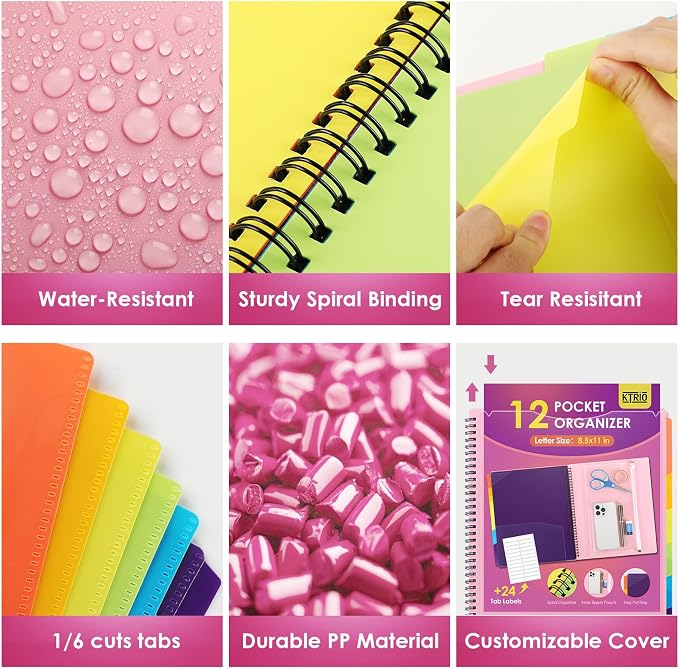 KTRIO 12 Pocket Project Organizer, Letter Size Spiral Binder,Pink | 12 Pocket Storage,Letter Size Fit,Water-Resistant Poly,Zip Pouch Included,Writable Color Tabs