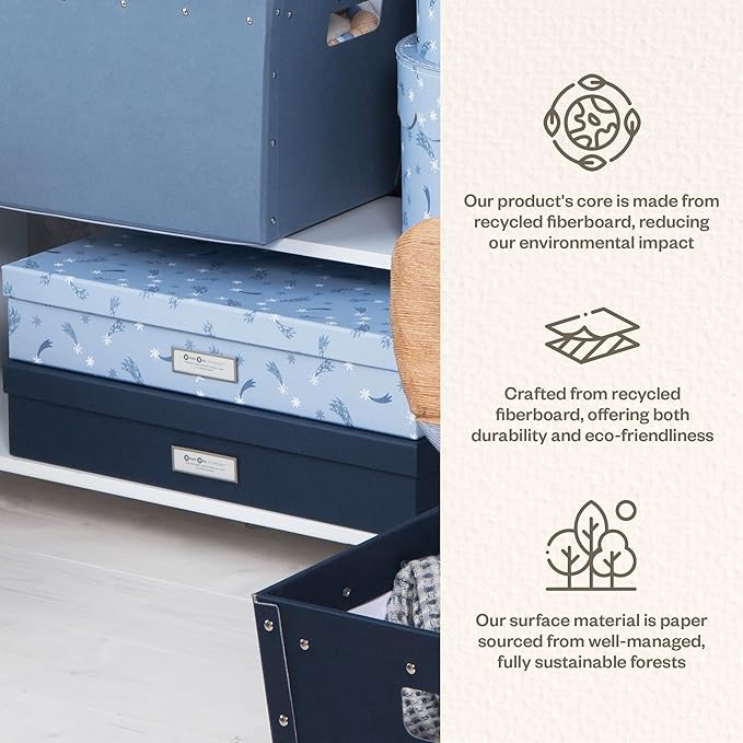 Bigso Sverker Fiberboard Legal and Art Storage Box | Scrapbook Storage Box for Loose Papers and More | Durable Document Boxes with Lid and Metal Label Holder | 17.1’’ x 12.2’’ x 3.3’’ | Blue