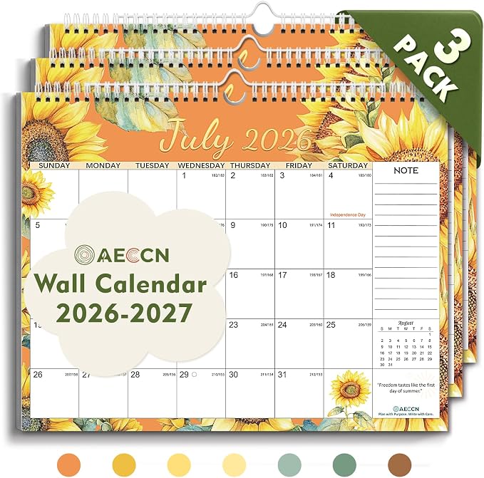 AECCN Calendar 2026-2027 3 Pack, 18 Months Calendars, 14.4" x 11.4" Durable Thick Paper, Anti Ink Bleed, Wall Calendar 2026-2027 with Stickers for Home, school, Office Planning-Flower