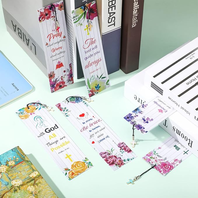 Tenare 20 Pcs Christian Bible Bookmarks for Women, Inspirational Verses Bookmarks with Cross Pendants, Religious Gifts for Women Men Reading Lovers(Watercolor Floral Style)