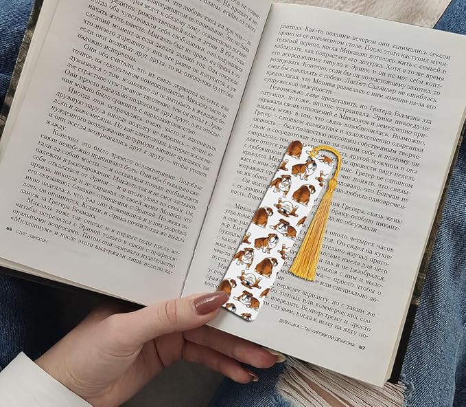 WIRESTER Set of 3 Metal Bookmarks with Light Gold Tassel for Students, Reader, Teachers, Book Lovers - English Bulldog, White English Bulldog, Brindle Brown English Bulldog Funny Playful Postures