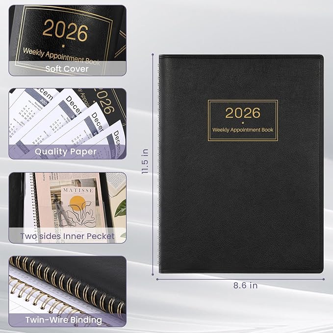 Appointment Book 2026 - Daily Planner, Large Planner Weekly Monthly Appointment Book 2026, 8.5" x 11", Jan 2026- Dec 2026 Planner with 15-Minute Interval - Black