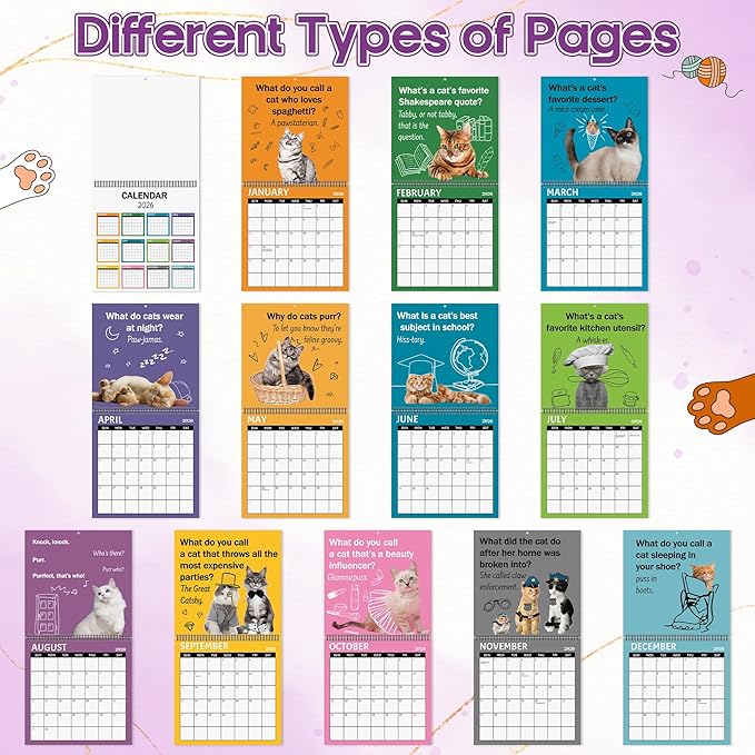 JAPBOR Funny Cat Joke Pun Calendar - 2PCS 2026 Cats Themed Wall Calendar, 12 Months Hanging Planner with Thick Paper, Animals Weekly Monthly Home Office Organizer for New Year Christmas Gifts (11" x 11")