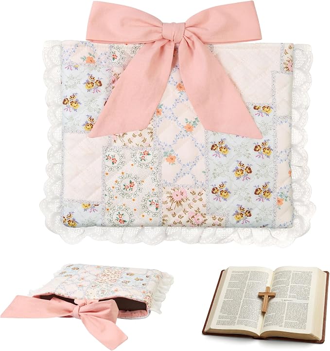 Vintage Spliced Floral Quilted Bible Cover for Women – Fits Standard Size Bibles Padded Protector Washable Cotton Case with Elegant Lace Trim & Bow Handle– Includes Interior Zipper Pocket