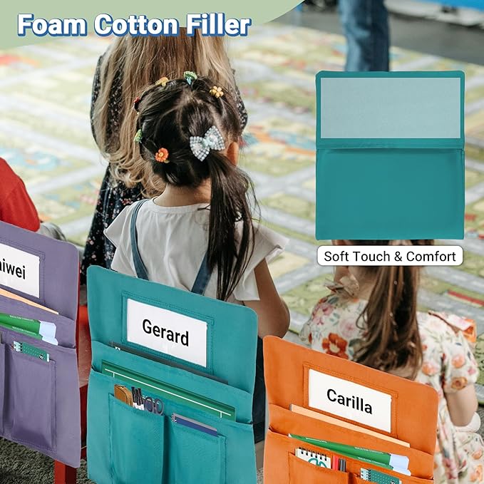 Chair Pockets for Classrooms 24 Pack,17 x 20 inch Multicolor Chair Back Buddy Pockets with 4 Pockets & Name Slot & Tags, Back of Chair Organizer for Classroom Chairs Seat Storage