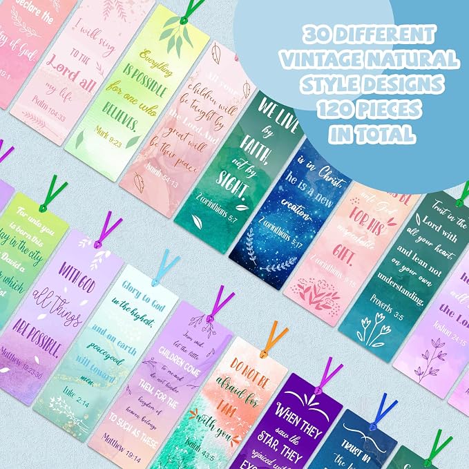 Chinco 120 Pack Christian Bookmarks Watercolor Bible Verse Bookmarks with Scripture Religious Inspirational Quotes Bible Gifts Easter Sunday School Gifts Church Supplies