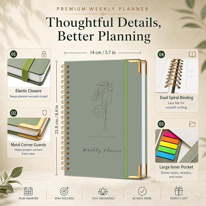Undated Weekly Planner, Weekly To Do List Notebook with Goal & Habit Tracker Organizer, A5 Hardcover Weekly Planner for ADHD, Office School Home Supplies, Reduces Stress and Boosts Productivity - Green