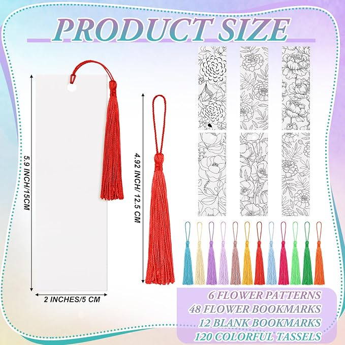 Sinmoe 120 Pcs Color Your Own Bookmarks 6 Styles Watercolor Bookmarks to Paint Card Stock Paper Watercolor Colorful Tassels Craft DIY for Classroom Projects Gifts Tags 5.9 x 2 Inch(Blooming Flowers)