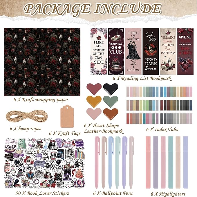 Blind Date with a Book Gift Box 6 Set Blind Book Date Gift Supplies Includes Kraft Paper Tags Bookmark Pens Stickers for Women Book Lover Club Librarian Bookish Reader Gifts (Dark Romance)