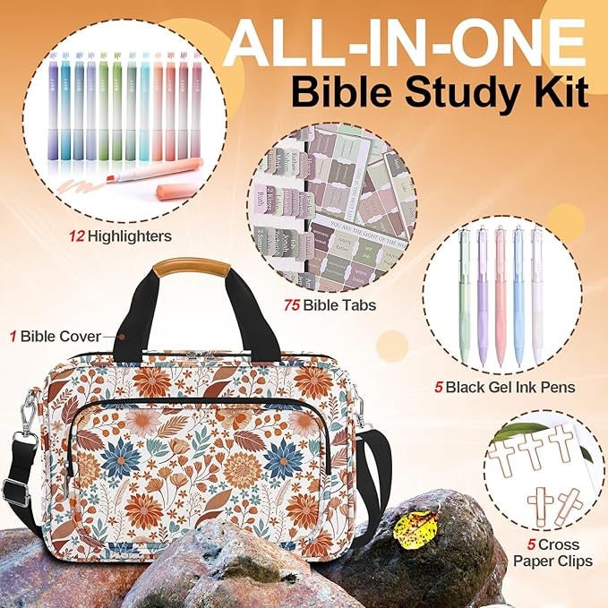 Bible Cover Case for Women,Bible Carrier,Floral Print Bible Bags for Women Organizer,Bible Holder Case with Shoulder Strap,Handle,Bible Study Supplies Kit with Highlighters,Tabs,Pens,Christian Gift