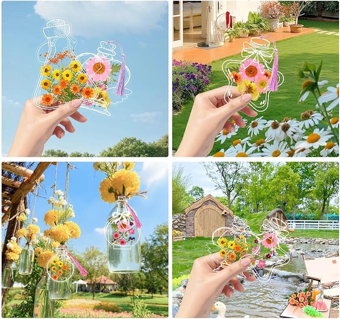 50 Pcs Bookmark Making Kit Transparent, Book Marks DIY Dried Flower Set, Include Clear Bookmarks, Colorful Tassels, Tweezer and Open Tags, Handmade Large Size Bookmark Page for Women