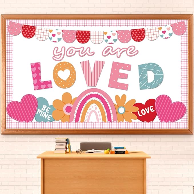 Valentine's Day Bulletin Board Set Valentines Classroom Decoration You are Loved Bulletin Board Borders Valentine's Day Rainbow Loved Heart Cutouts for Holiday School Office Chalkboard Wall Door Decor