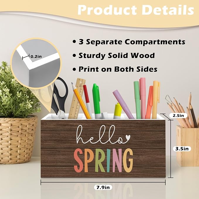 Hello Spring Decor Pen Holder Organizer, Spring Seasonal Desk Decor, Rustic Farmhouse Wooden Pen Pencil Holders for Home Room Office Garden Desk Accessories