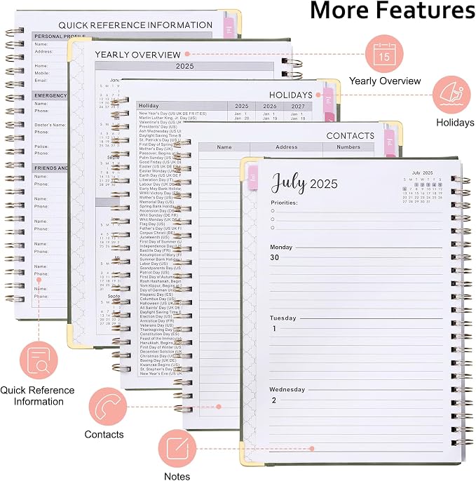 Fetinar 8.5" x 11" Academic Planner 2025-2026: July 2025 - June 2026 |Monthly Weekly Daily Hardcover | Teacher Student School Office Organizer with Tabs & Storage (Pink)