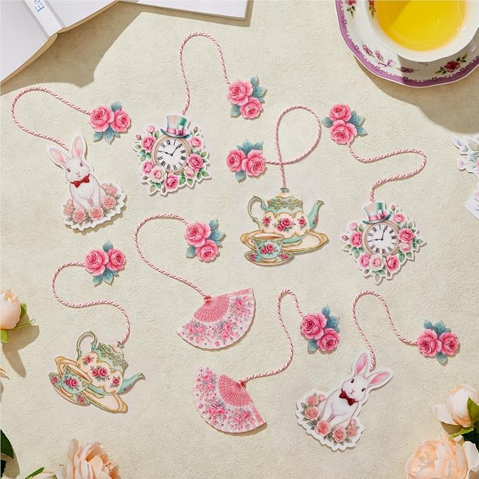 Resurhang 8 Pcs Pastels Teacup Teapot Bookmarks with Floral Design Cute Tea Bag Felt Bookmarks Gift Bulk for Mother, Tea Party Favors, Teacher, Book Lovers, Unique Gift for Women (Pink Dream)