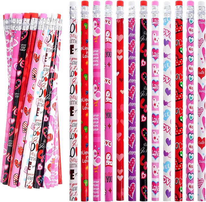 Nydotd 48pcs Bulk Valentines Day Pencils - Wooden Pencils with Erasers, Valentine's Exchange Gifts Goodie Bags Fillers Giveaways Heart Pattern
