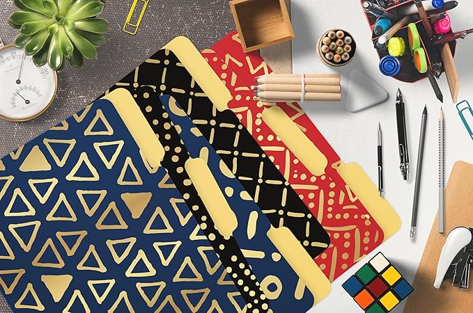 Better Office Products Decorative File Folders with Gold Foil, 18 Pack, 9 Geometric Designs, Red/Black/Blue Color Theme, Heavyweight, Letter Size (9.5" x 11.5") with 1/3 Cut Tab, Fashion Folders