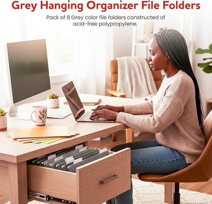 Grey Hanging File Folders – 8 Pack, Letter Size File Organization Folders for Home, Office, School & Filing Cabinets