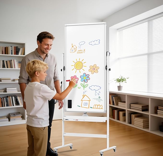 Double-Sided 40" x 28" Mobile Whiteboard with Wheels | Rolling Magnetic Dry Erase Board on Stand | Adjustable Height Silver Frame White Board for Office, Classroom & Home