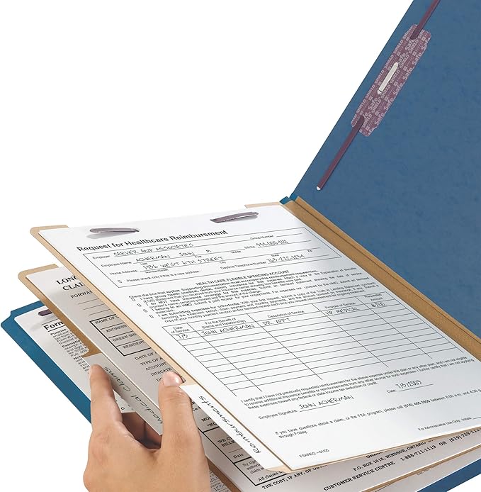 Smead 100% Recycled End Tab Pressboard Classification File Folder with SafeSHIELD Fasteners, 2 Dividers, 2" Expansion, Legal Size, Dark Blue, 10 per Box (29784)