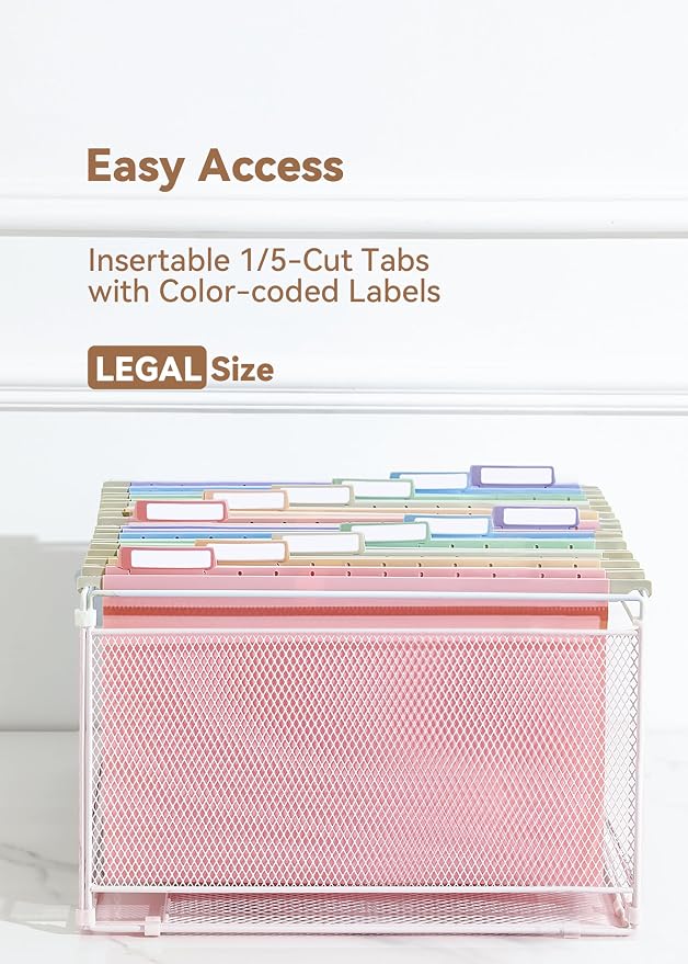SortRax Plastic Legal Size Hanging File Folders, 12 Pack Pastel Hanging Folders, with Insertable 1/5-Cut Tabs for Filing Cabinets