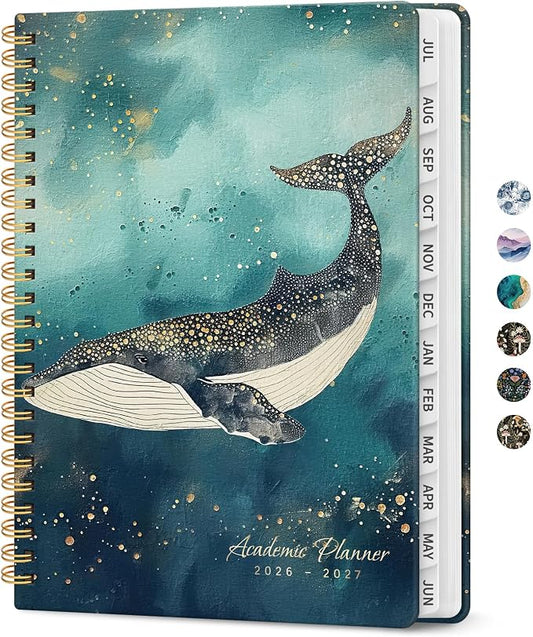 Planner 2026-2027, Academic Monthly and Weekly Calendar Planner for Women, July 2026 - June 2027, Hardcover Pretty Agenda Planner Book with Tabs, Spiral Daily Organizer for School Office Home Supplies, 8.5" x 11" - Whale Dreams