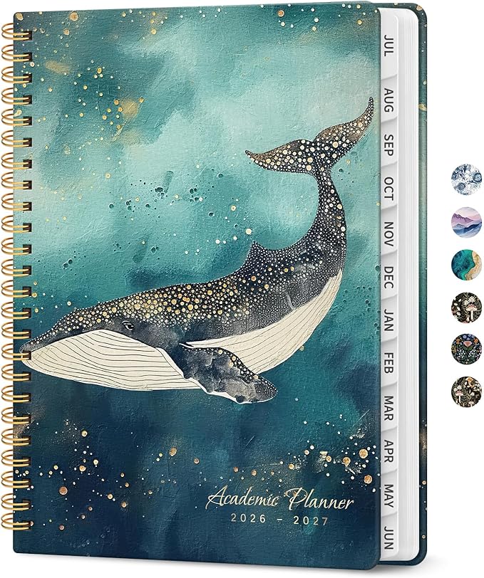 Planner 2026-2027, Academic Monthly and Weekly Calendar Planner for Women, July 2026 - June 2027, Hardcover Pretty Agenda Planner Book with Tabs, Spiral Daily Organizer for School Office Home Supplies, 6.3" x 8.5" - Whale Dreams