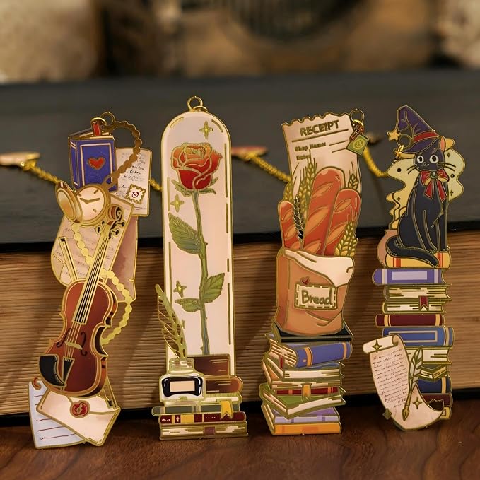 4 PCS Vintage Metal Bookmark, Hand-Drawn Book Marks for Reading Women, Book Lovers Gifts for Teachers Writer