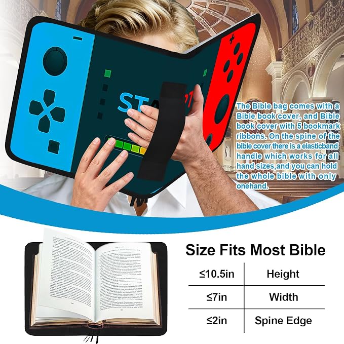 Gamer Large Bible Cover Case for Boys, Book Carrying Case with Strap Handle Zipper Pocket,Bible Protective Church Bag,Bible Study Supplies Journaling Kit,Bible Organizer Holder Bag,Christian Gift Blue