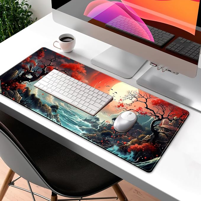 Japanese Desk Mat Extended Gaming Mousepad Japan Large Mouse Pad XL Oceanic Passage Aesthetic Desk Pad Keyboard Mat Laptop Desktop Mouse Mat 31.5''X11.8'' Deskmat with Stitched Edges