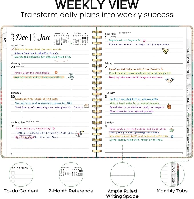 2026 Planner, Weekly and Monthly Calendar Planner Book, January 2026 - December 2026, Hardcover Spiral Planner with Monthly Tabs, Notes Pages, Perfect for Women & Men, A5 (6.4" x 8.5") - Patchwork