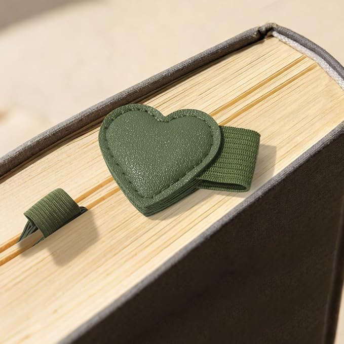 2Pcs Magnetic Leather Heart Bookmarks with Pen Holder, Cute Book Markers Clip with Gift Box, Reading Accessories for Book Lovers Women Teachers Students, Dark Green