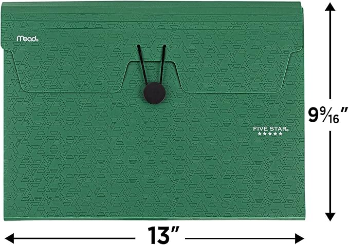 Five Star 6 Pocket Expanding File Organizer, Plastic Expandable File Folders with Pockets and Tab Inserts, Holds 11" x 8-1/2", Bungee Closure, Forest Green (72925)