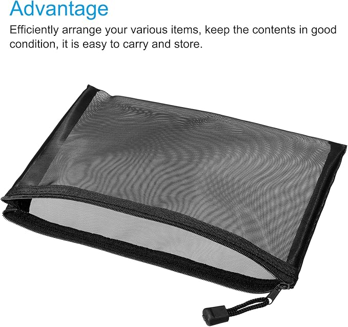 MECCANIXITY Mesh Zipper Bags, A5 Nylon Zip Pouch Pencil Case Storage Pockets for Travel Office Accessories, Black Pack of 6