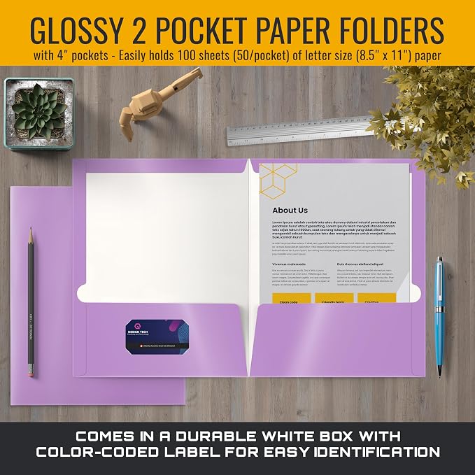 Better Office Products 2 Pocket Glossy Laminated Lavender Paper Folders, Box of 25, Letter Size, Lavender Light Purple Paper Portfolios, 25 Pack