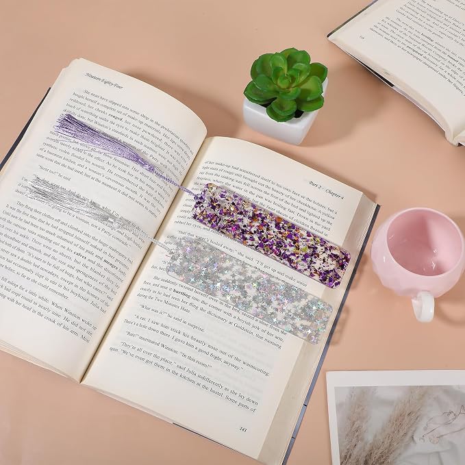 2Pcs Glitter Bookmarks Acrylic Bookmarks for Women Purple Silver Book Marks Bling Iridescent Bookmark with Tassel Resin Book Marks for Reading Presents