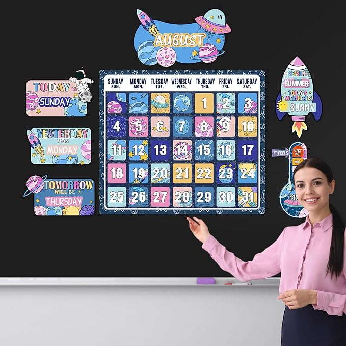 Cholemy 85 Pcs Calendar Bulletin Board Set Classroom Calendar Bulletin Board with Numbers Month Weather Classroom Decoration Wall Decor for Chalkboard Back to School Supplies(Cartoon Space)