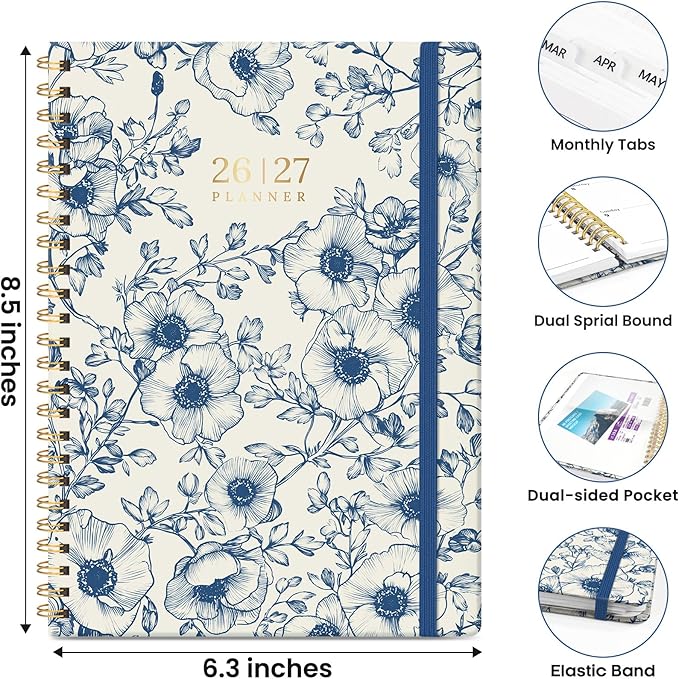 Planner 2026-2027, Monthly and Weekly Academic Planner July 2026 - June 2027, Hardcover Student Teacher Planning Agenda Calendar Book with Tabs, Perfect for Office School Supplies, A5 (6.3" x 8.5") - Porcelain Bloom