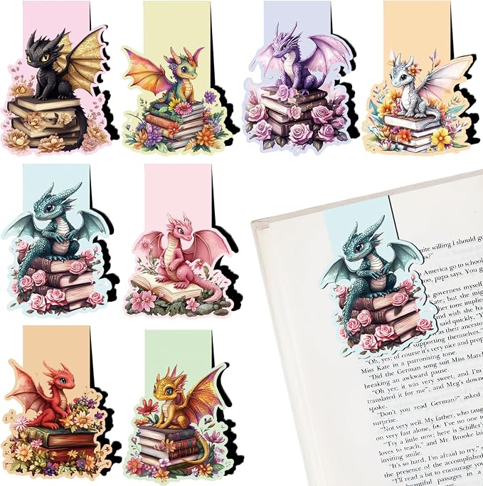 Fantasy Dragon Magnetic Bookmarks - 8 PCs Funny Book Flower Marks for Reading Lovers Men Magnets Cool Unique Aesthetic Page Clip Gifts for Women Kids Novel Fans Boys Student Teacher School