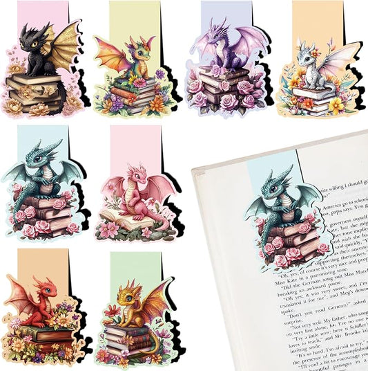Fantasy Dragon Magnetic Bookmarks - 8 PCs Funny Book Flower Marks for Reading Lovers Men Magnets Cool Unique Aesthetic Page Clip Gifts for Women Kids Novel Fans Boys Student Teacher School