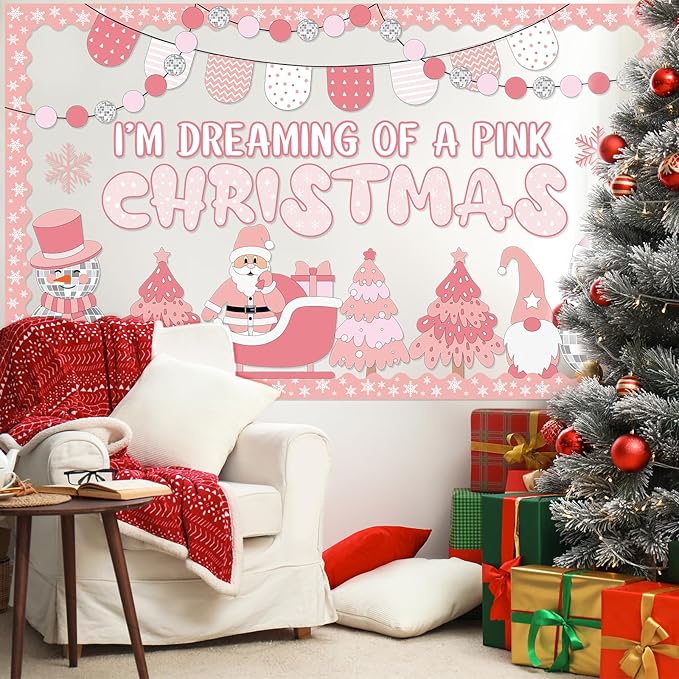 Funrous Christmas Bulletin Board Decoration Set Xmas Tree Classroom Decor Snowman Santa Claus Gnome Snowflake Cutout Winter Border Trim for Xmas Holiday Office Wall Door Supplies(Pink Christmas)