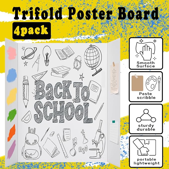 4 Pcs Small Trifold Poster Board, 21.4" x 14" Presentation Board, with Double Sided Tapes and Cardboard, White Corrugated Project Boards/Display Board for School Project/Science Fair Display Boards