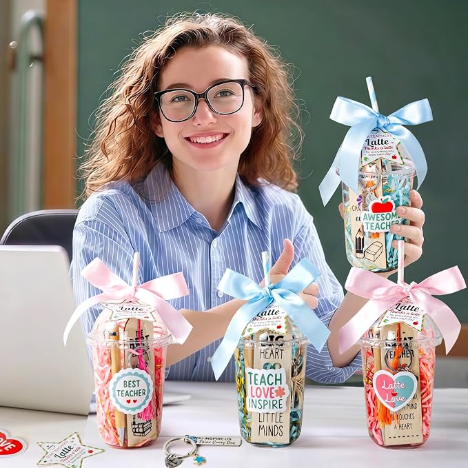 GOGREENWOVEN Teacher Appreciation Gifts in Bulk - 4 Pack Coffee Cup Gift Set with Bookmark, Keychain, Bamboo Pen & Card - Thank You Gifts for Teachers, End of Year, Back to School, Christmas