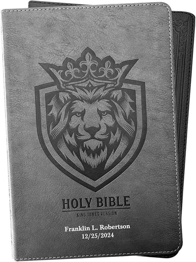 Custom KJV Holy Bible with Personalized Name Silver Imprint | Gray Faux Leather King James Version | Lion Emblem Cover | Silver Gilded Pages | Gift Bible for Religious Occasions | Small 8pt Text