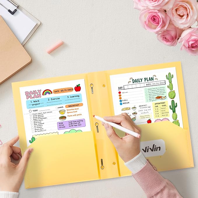 ViVin Sturdy Plastic Folder with Pockets,12 Pack,Heavy Duty Two Pocket 3 Prong Folders,Holds Letter Size Paper,File Folders with Business Card Slot for School Home and Office(Light Yellow)