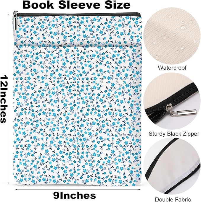 Book Sleeve Book Lovers Gifts Waterproof Books Pouch Protector Cover Reading Accessories Gifts for Women Girls Bookworm Teacher Reader Librarian Birthday Graduation Christmas, Aesthetic Blue Floral