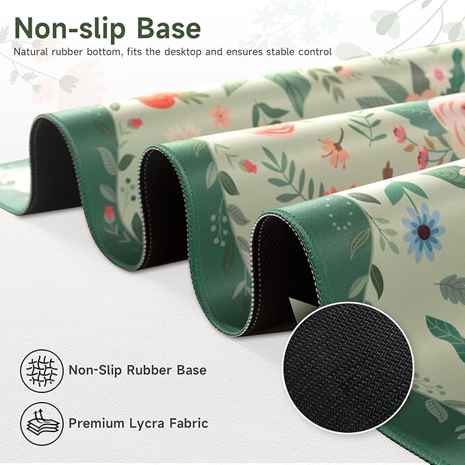 HAOCOO Cute Green Desk Mat, Floral Keyboard & Mouse Pad for Office/School/Home, Waterproof Large Desktop Mat, Non-Slip Cubicle Decor with Stitched Edge, Desk Pad Protector Girly Supplies