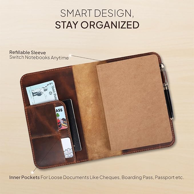 Genuine Leather A5 Journal Cover Refillable Notebook Cover, Fits 5.75 x 8.25 in, Card Slots Pocket & Pen Holder, Handmade Professional Leather Organizer for Men & Women, Travel & Work Diary Cover (Tan)