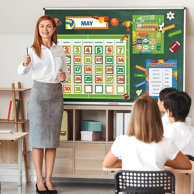 Sports Football Calendar Bulletin Board Set for Classroom Decoration Basketball Soccer Calendar Seasons Weather Chart Sport CTP Bulletin Board Paper-Cuts for Teachers Elementary School Classroom